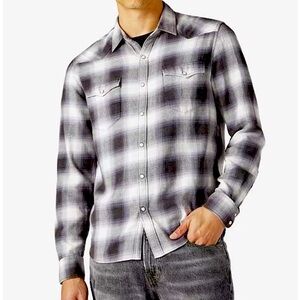 Lucky Brand Plaid Western Pearl Snap Shirt Black White Men’s Sz XL